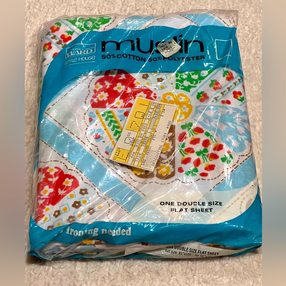 VINTAGE New DOUBLE SIZE Flat Sheet Misty Blue MONTGOMERY WARD No Iron Patchwork